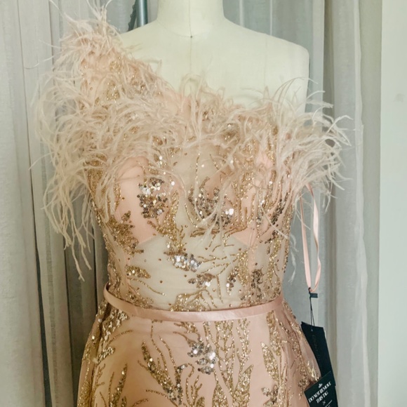 Feather Sequin Gown with Slit - Picture 2 of 2